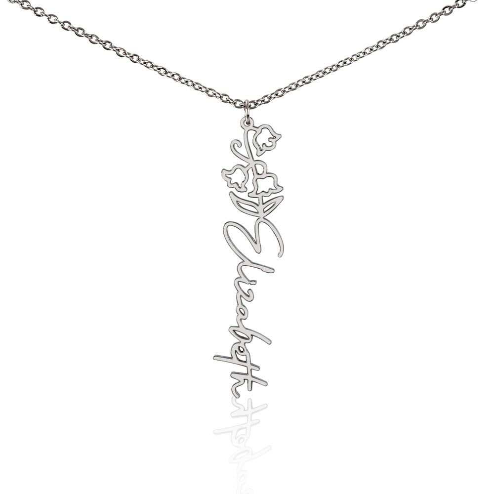 Silver birth flower name pendant on a white background, one of the 12 month flowers | Flower Name Necklace