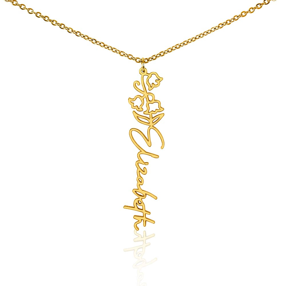 Gold finish birth flower name pendant on a white background, one of the 12 month flowers | Flower Name Necklace