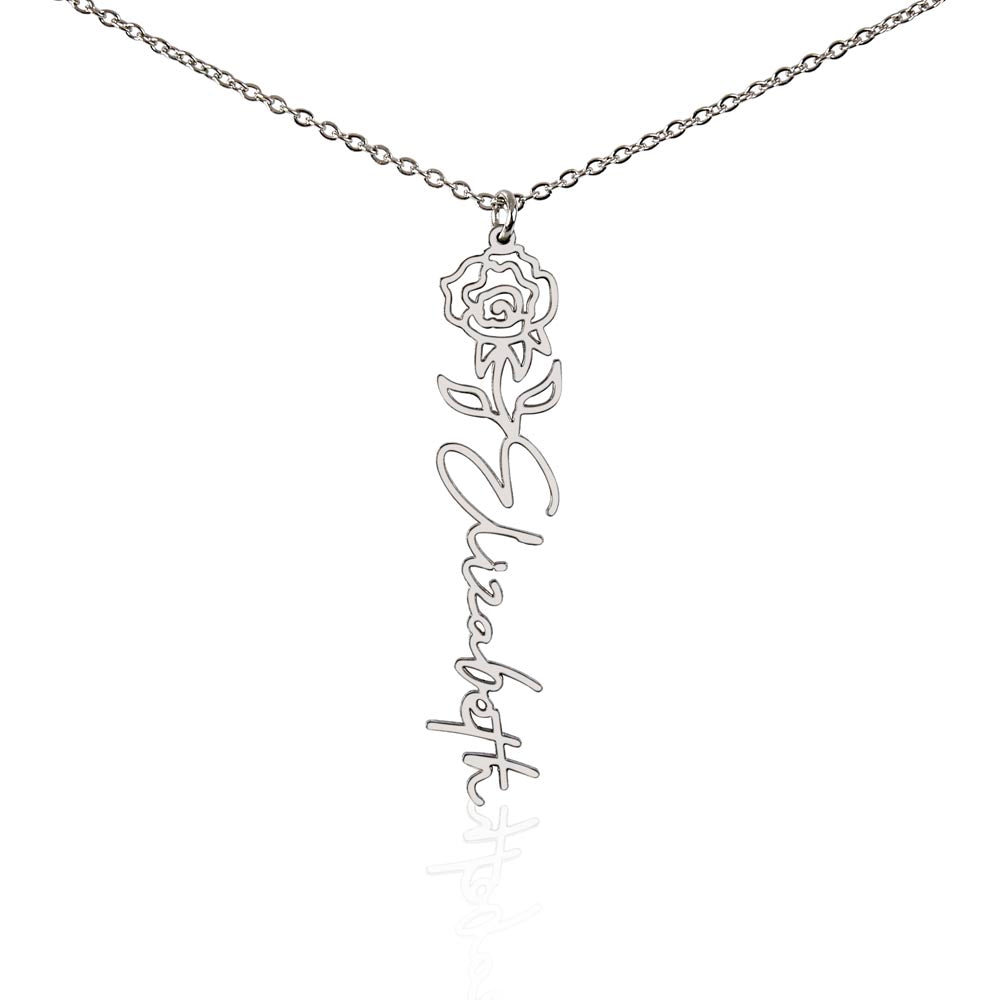 Silver birth flower name pendant on a white background, one of the 12 month flowers | Flower Name Necklace
