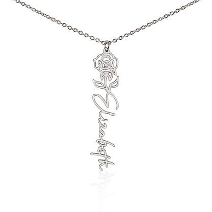 Silver birth flower name pendant on a white background, one of the 12 month flowers | Flower Name Necklace