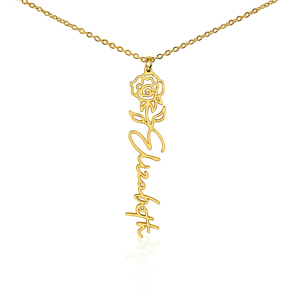 Gold finish birth flower name pendant on a white background, one of the 12 month flowers | Flower Name Necklace