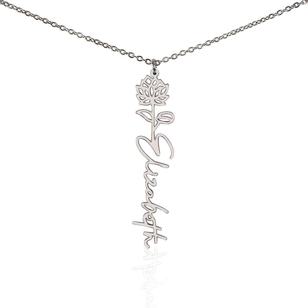 Silver birth flower name pendant on a white background, one of the 12 month flowers | Flower Name Necklace