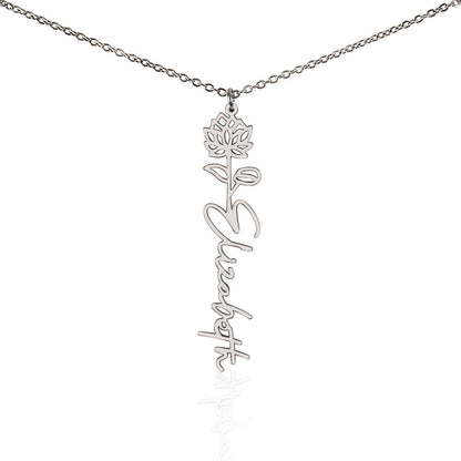 Silver birth flower name pendant on a white background, one of the 12 month flowers | Flower Name Necklace