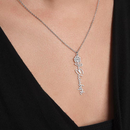 Silver birth flower name necklace worn, close-up | Flower Name Necklace