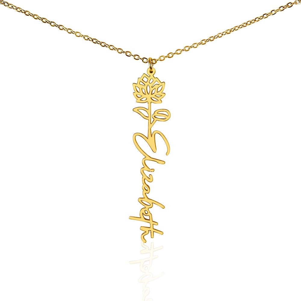 Gold finish birth flower name pendant on a white background, one of the 12 month flowers | Flower Name Necklace