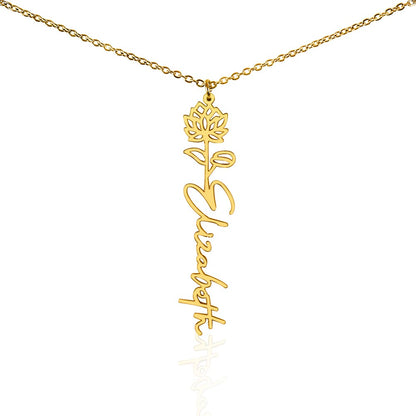 Gold finish birth flower name pendant on a white background, one of the 12 month flowers | Flower Name Necklace
