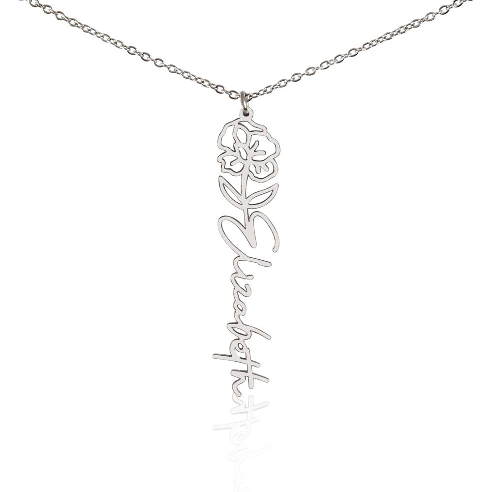 Silver birth flower name pendant on a white background, one of the 12 month flowers | Flower Name Necklace