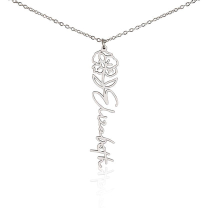 Silver birth flower name pendant on a white background, one of the 12 month flowers | Flower Name Necklace