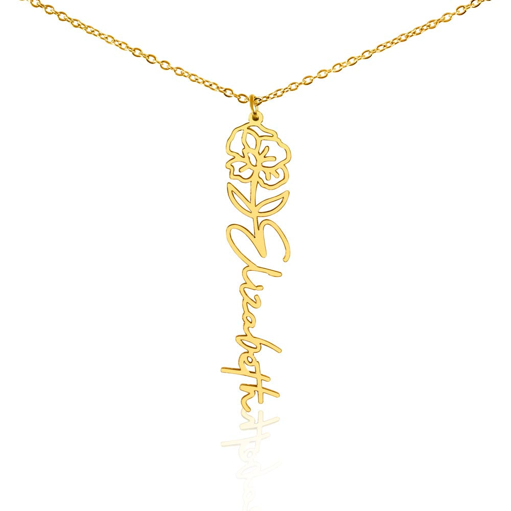Gold finish birth flower name pendant on a white background, one of the 12 month flowers | Flower Name Necklace