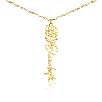 Gold finish birth flower name pendant on a white background, one of the 12 month flowers | Flower Name Necklace