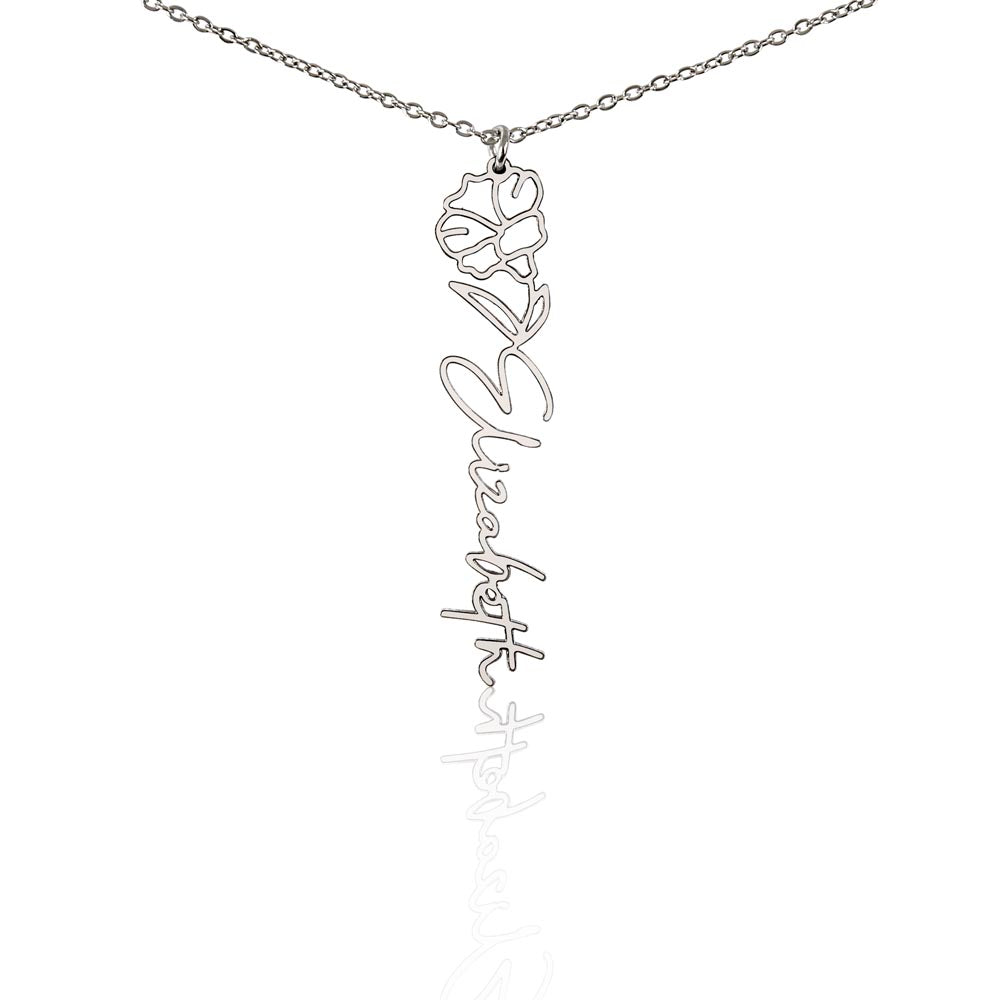 Silver birth flower name pendant on a white background, one of the 12 month flowers | Flower Name Necklace