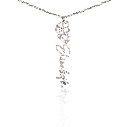 Silver birth flower name pendant on a white background, one of the 12 month flowers | Flower Name Necklace