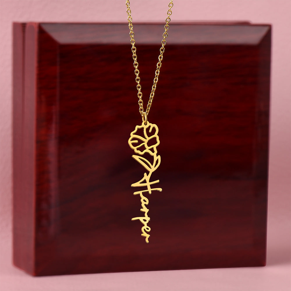 Gold finish birth flower name pendant on a mahogany gift box | Flower Name Necklace