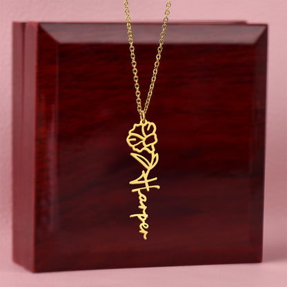 Gold finish birth flower name pendant on a mahogany gift box | Flower Name Necklace
