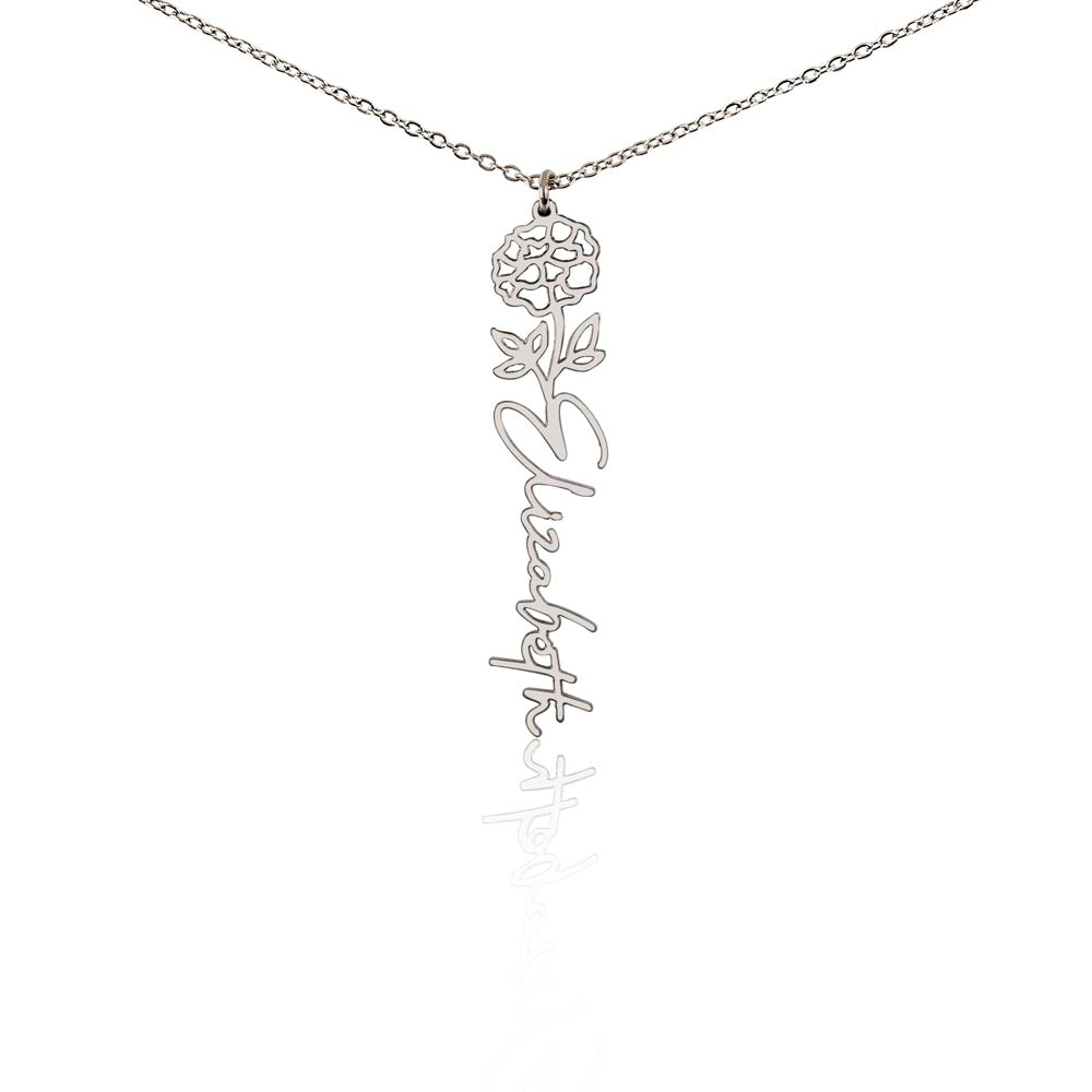 Silver birth flower name pendant on a white background, one of the 12 month flowers | Flower Name Necklace