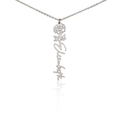Silver birth flower name pendant on a white background, one of the 12 month flowers | Flower Name Necklace