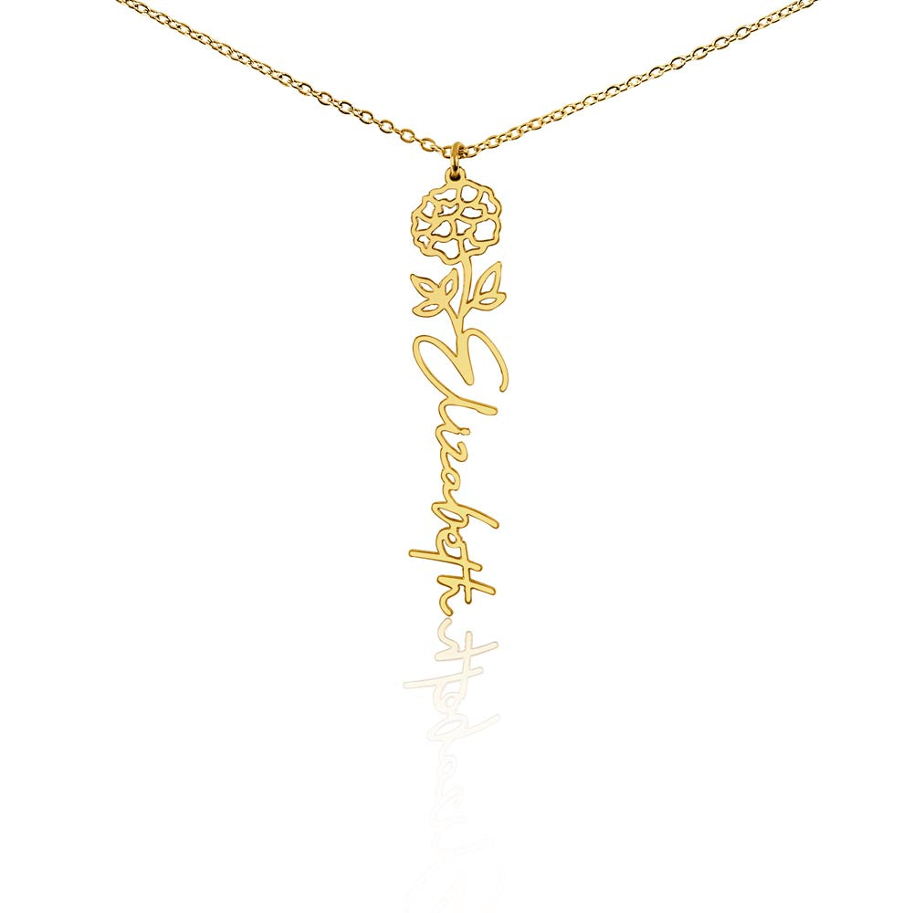Gold finish birth flower name pendant on a white background, one of the 12 month flowers | Flower Name Necklace