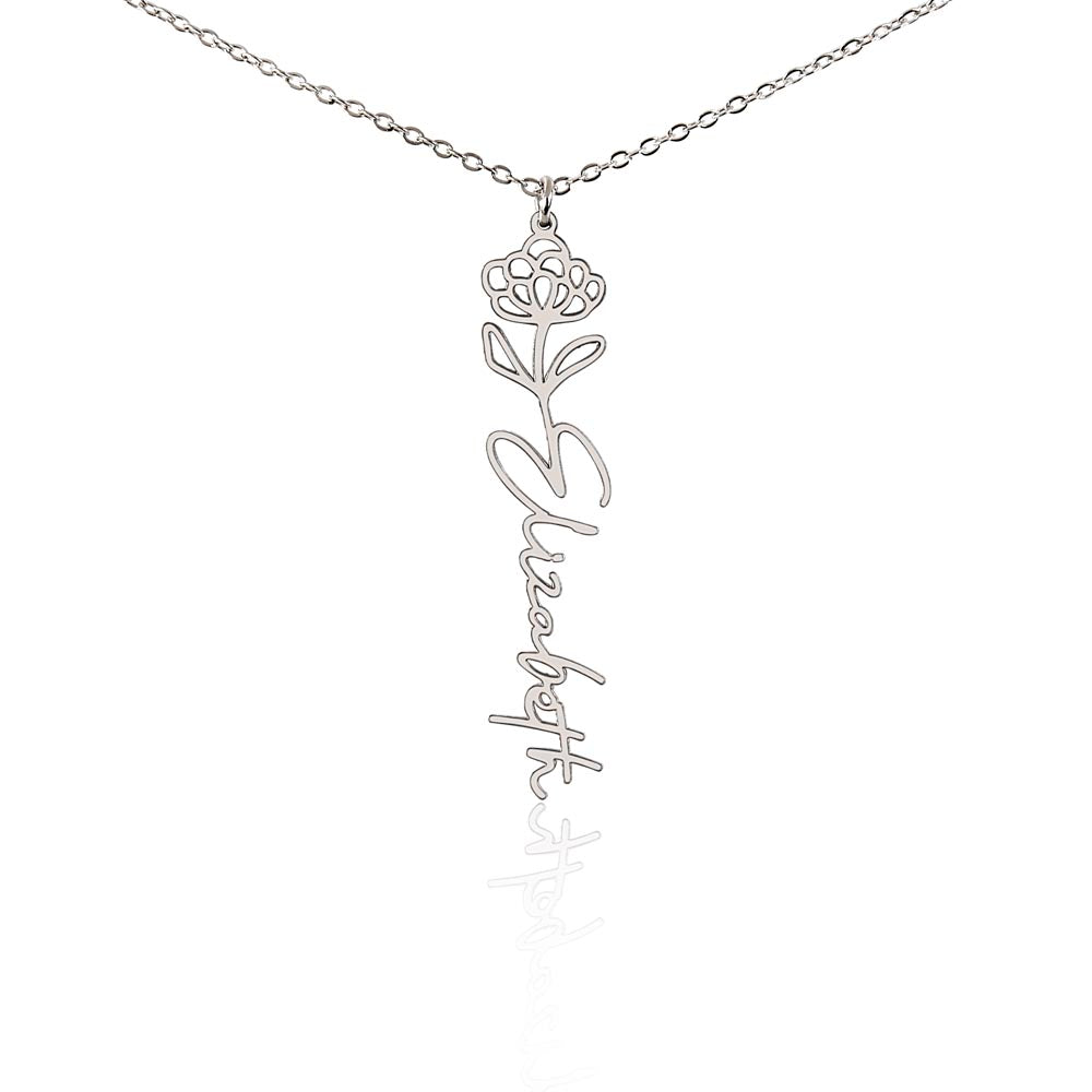Silver birth flower name pendant on a white background, one of the 12 month flowers | Flower Name Necklace