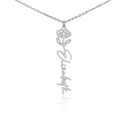 Silver birth flower name pendant on a white background, one of the 12 month flowers | Flower Name Necklace