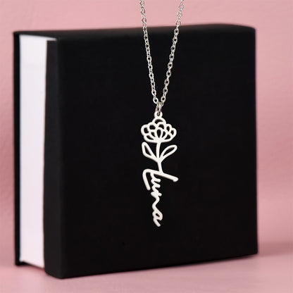 Silver birth flower name pendant on a black gift box | Flower Name Necklace