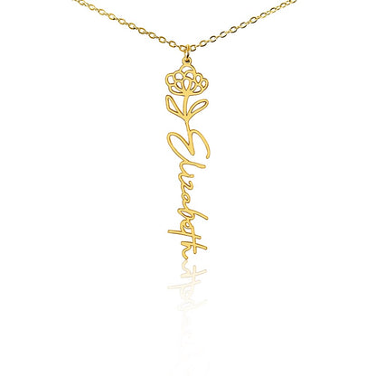 Gold finish birth flower name pendant on a white background, one of the 12 month flowers | Flower Name Necklace