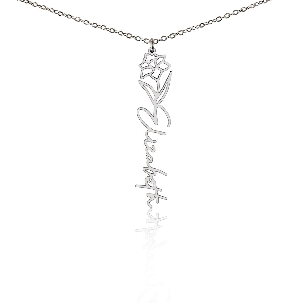 Silver birth flower name pendant on a white background, one of the 12 month flowers | Flower Name Necklace