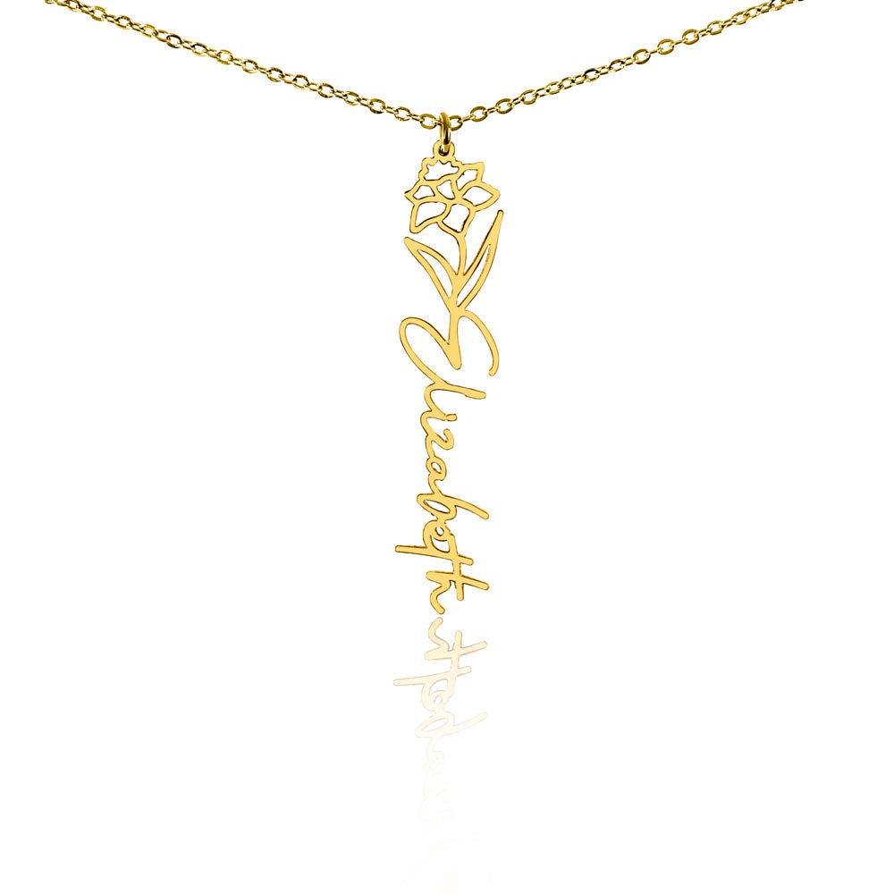 Gold finish birth flower name pendant on a white background, one of the 12 month flowers | Flower Name Necklace