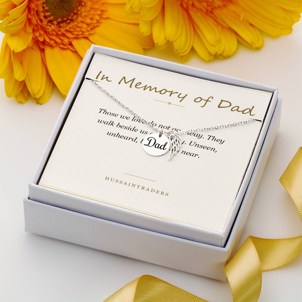 Boxed silver necklace and card beside sunflowers | Memorial Necklace for Dad