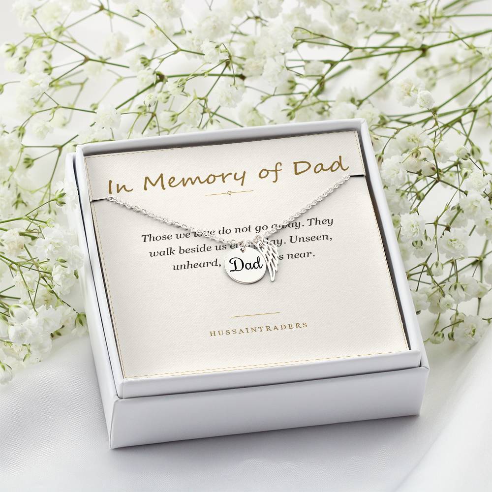 Boxed silver necklace and card beside white flowers | Memorial Necklace for Dad