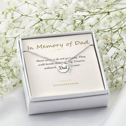 Boxed silver necklace and card beside white flowers | Memorial Necklace for Dad