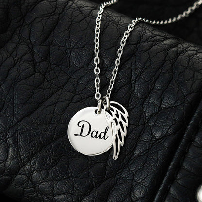 Silver Dad disc and wing necklace on black leather | Memorial Necklace for Dad