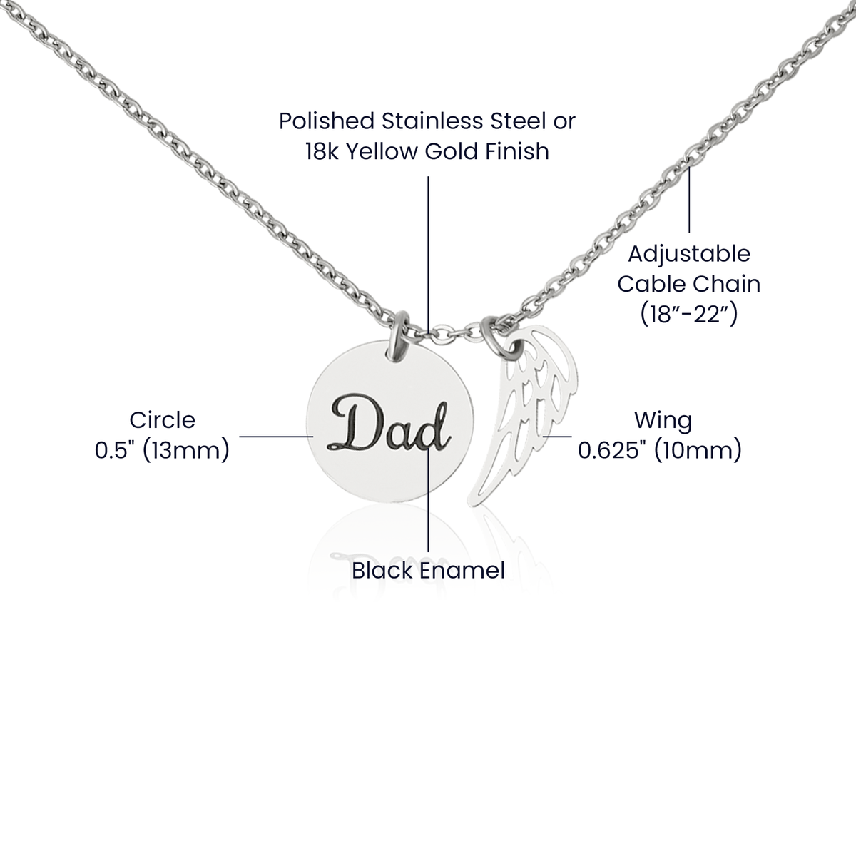 Size guide: 0.5 in. disc with black enamel lettering, 0.625 in. wing, adjustable 18 to 22 in. cable chain | Memorial Necklace for Dad