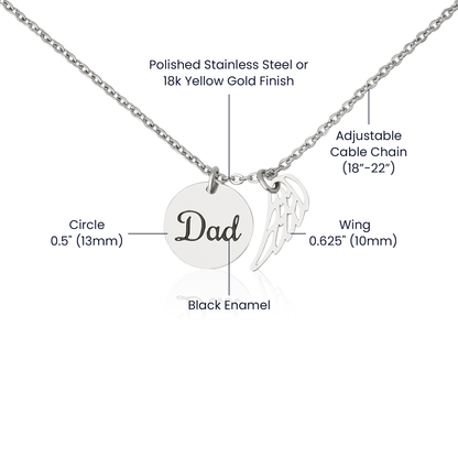 Size guide: 0.5 in. disc with black enamel lettering, 0.625 in. wing, adjustable 18 to 22 in. cable chain | Memorial Necklace for Dad