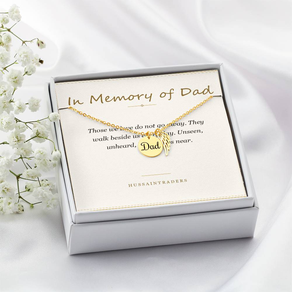Boxed gold finish necklace and card on a white surface | Memorial Necklace for Dad
