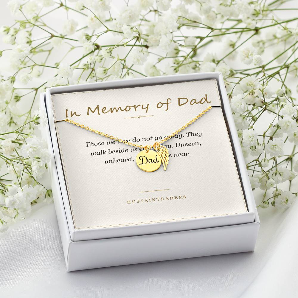 Boxed gold finish necklace and card beside white flowers | Memorial Necklace for Dad