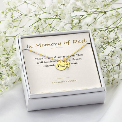 Boxed gold finish necklace and card beside white flowers | Memorial Necklace for Dad