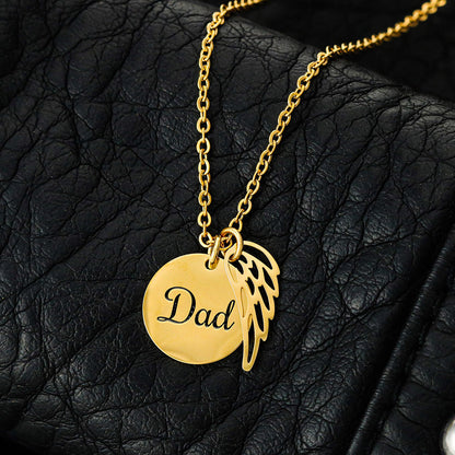 Gold finish Dad disc and wing necklace on black leather | Memorial Necklace for Dad
