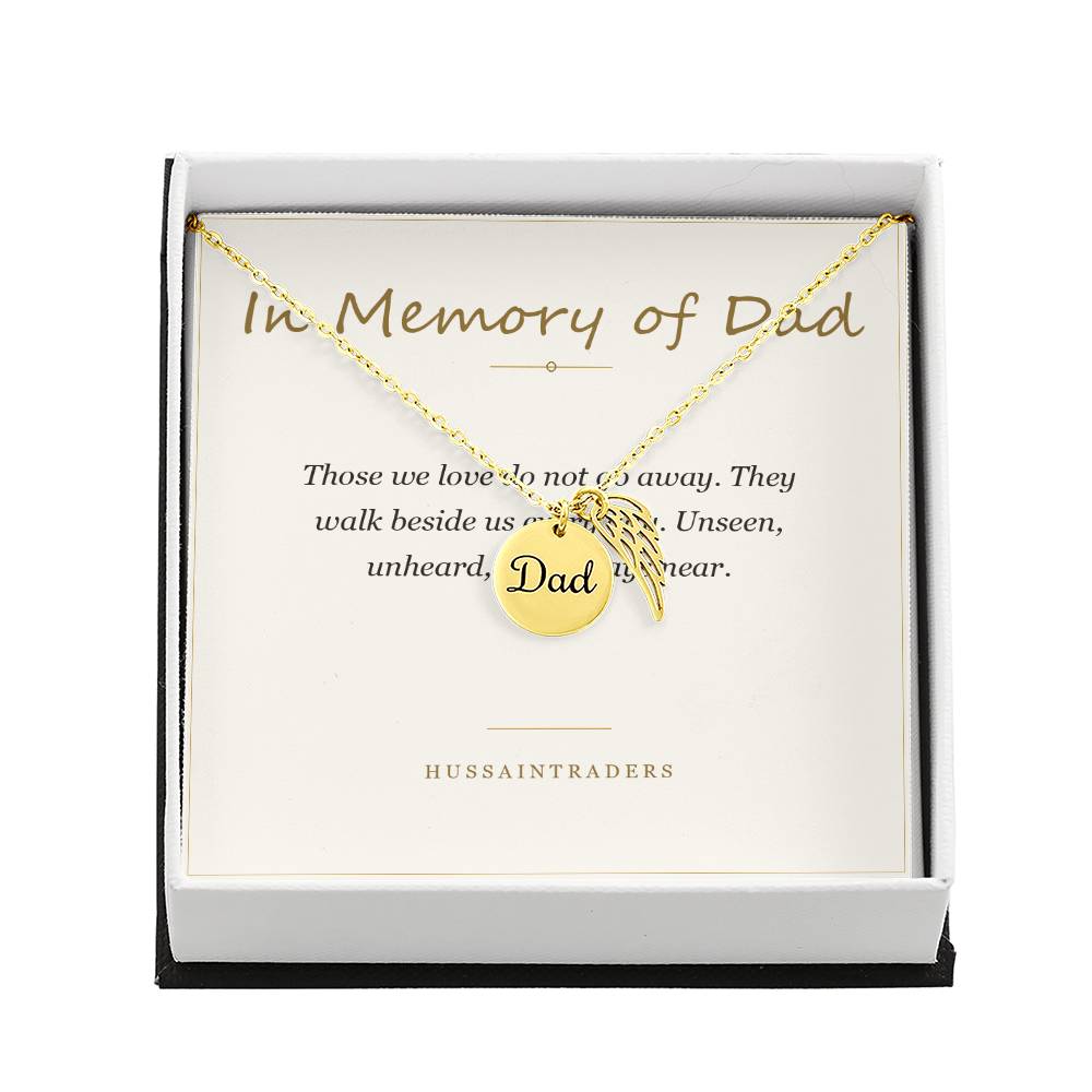 Gold finish Dad necklace on its card in a gift box | Memorial Necklace for Dad