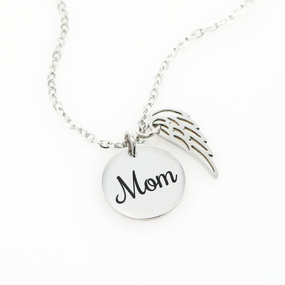 Silver Mom disc and wing necklace on a white background | Memorial Necklace for Mom