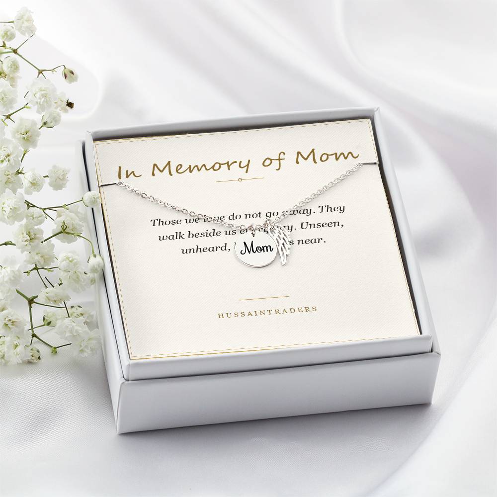Boxed silver necklace and card on a white surface | Memorial Necklace for Mom