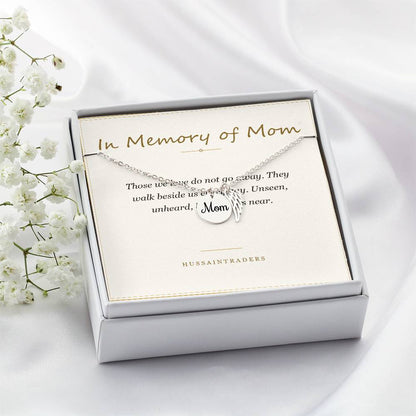 Boxed silver necklace and card on a white surface | Memorial Necklace for Mom