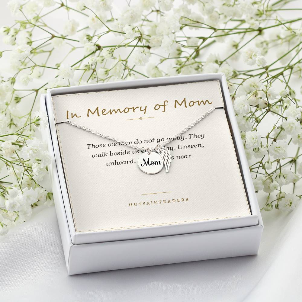 Boxed silver necklace and card beside white flowers | Memorial Necklace for Mom