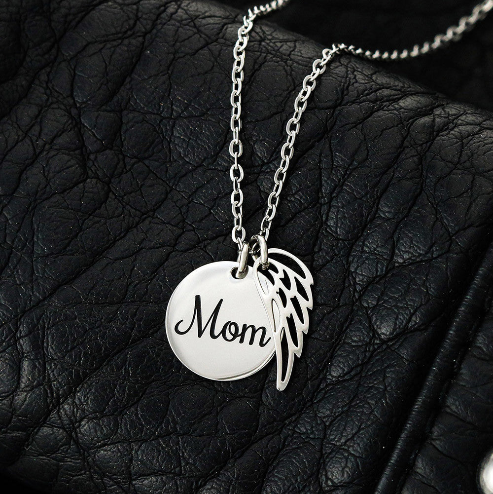 Silver Mom disc and wing necklace on black leather | Memorial Necklace for Mom