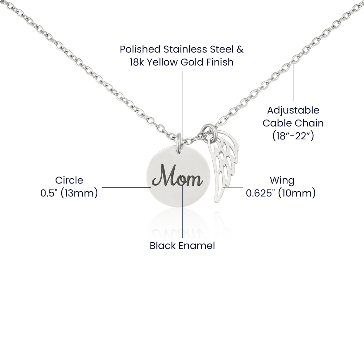 Size guide: 0.5 in. disc with black enamel lettering, 0.625 in. wing, adjustable 18 to 22 in. cable chain | Memorial Necklace for Mom