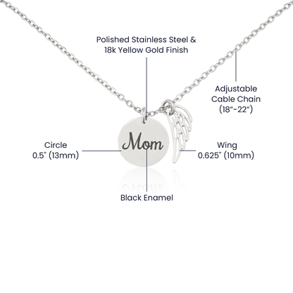 Size guide: 0.5 in. disc with black enamel lettering, 0.625 in. wing, adjustable 18 to 22 in. cable chain | Memorial Necklace for Mom