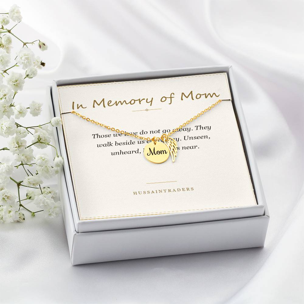 Boxed gold finish necklace and card on a white surface | Memorial Necklace for Mom