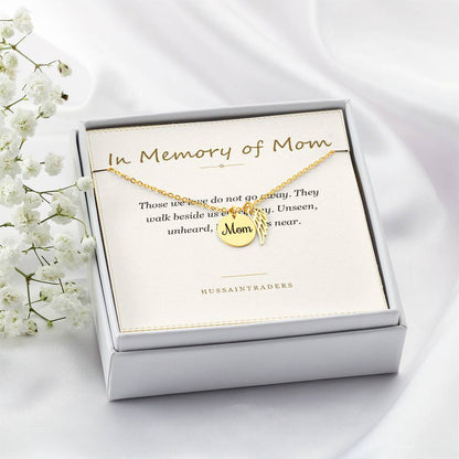 Boxed gold finish necklace and card on a white surface | Memorial Necklace for Mom