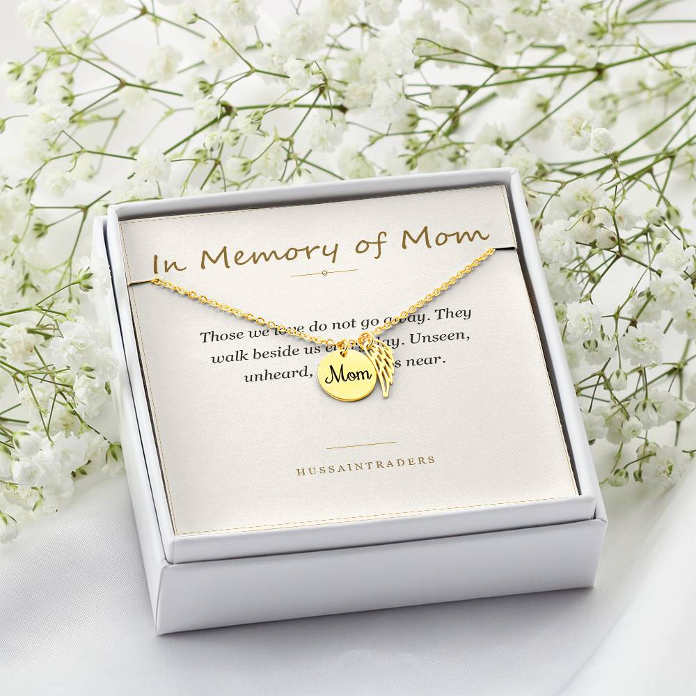 Boxed gold finish necklace and card beside white flowers | Memorial Necklace for Mom