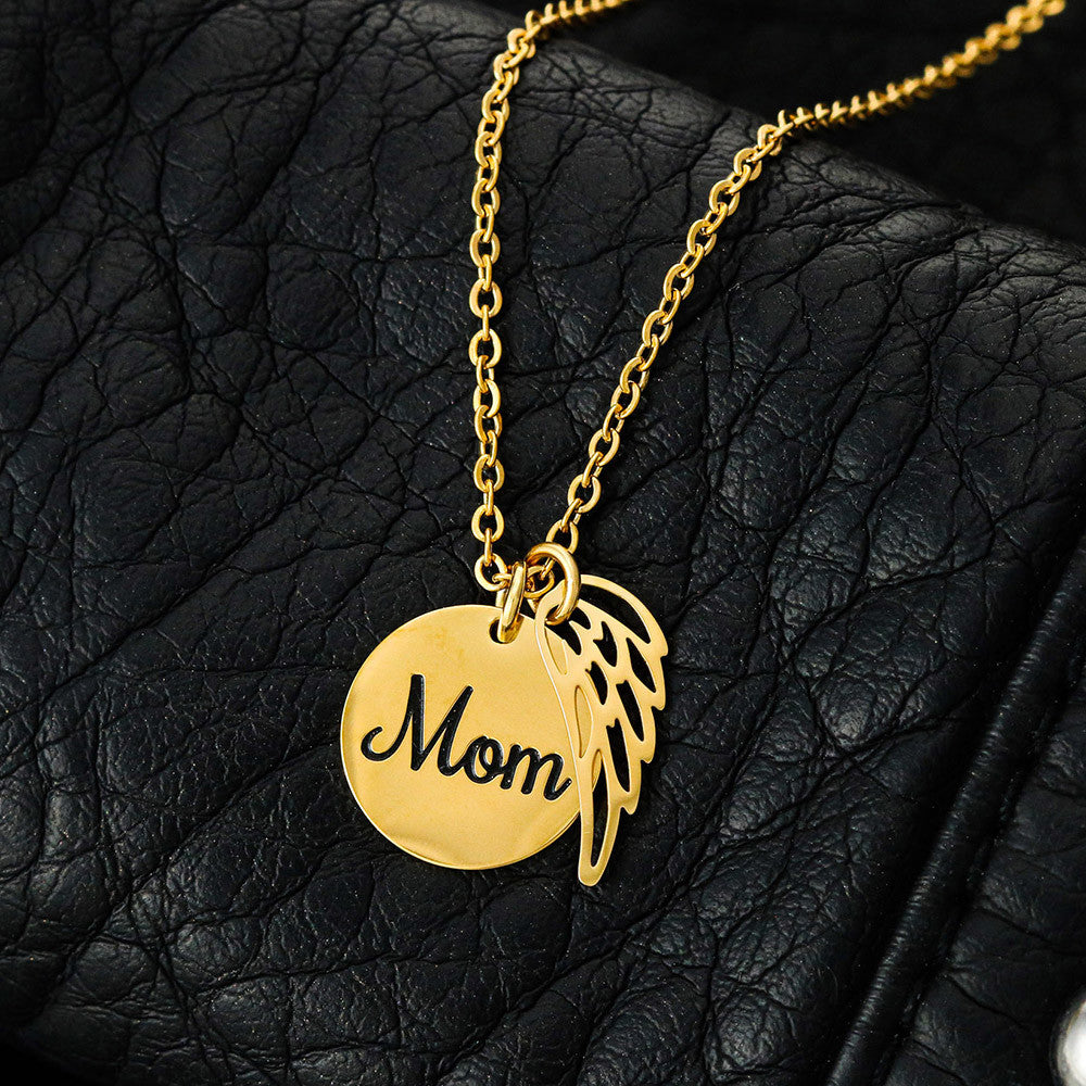 Gold finish Mom disc and wing necklace on black leather | Memorial Necklace for Mom
