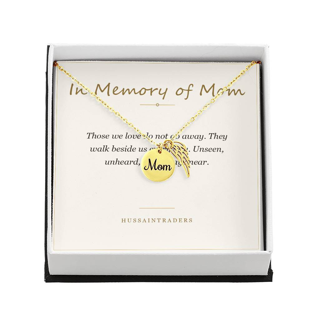 Gold finish Mom necklace on its card in a gift box | Memorial Necklace for Mom